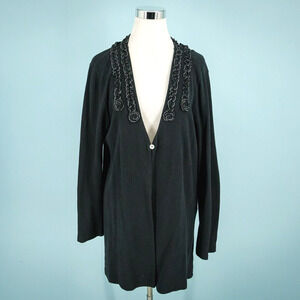 Chalet Size Large L Black Waffle Knit Ruffle Tunic Length Cotton Cardigan Jacket